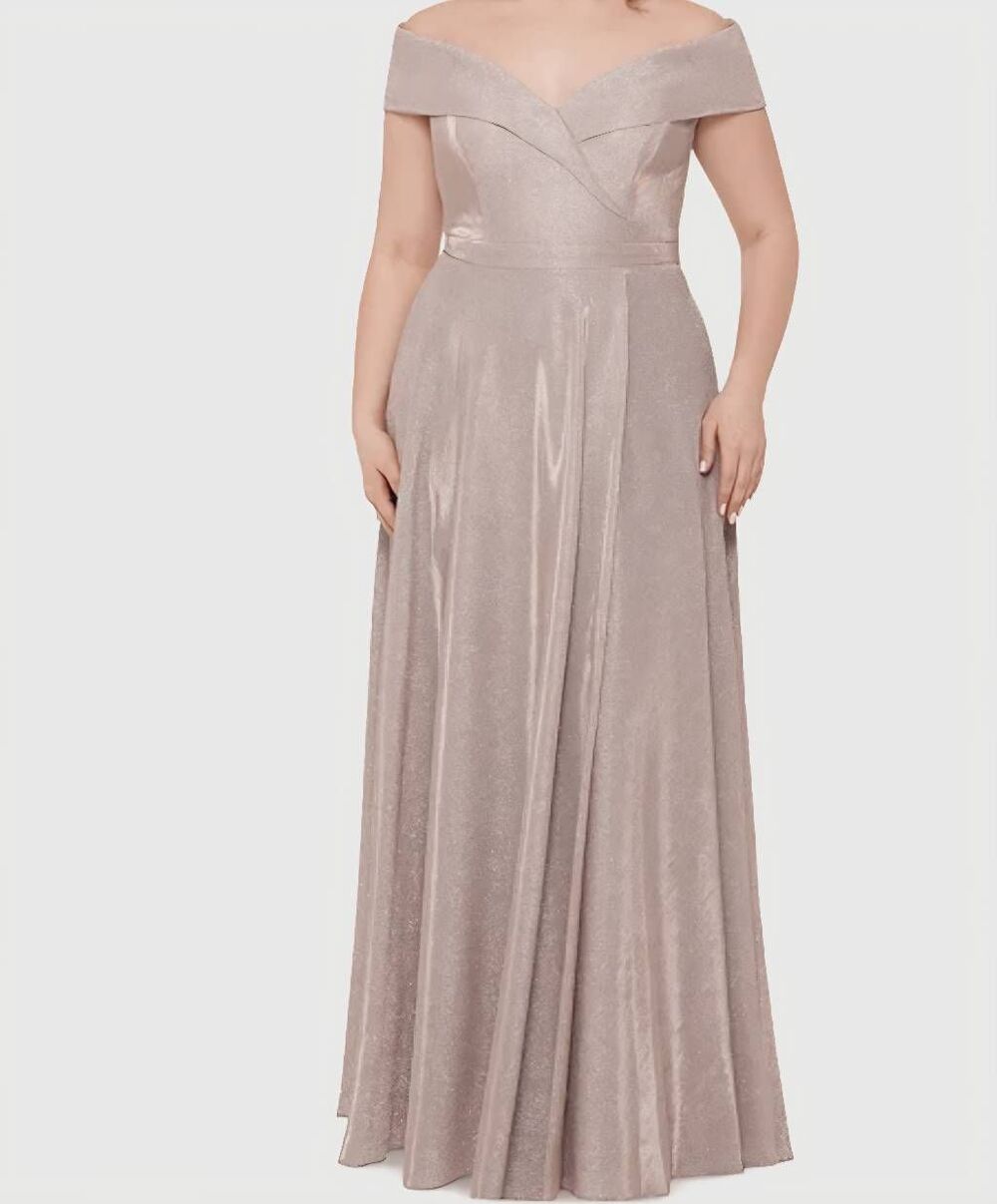 XSCAPE Gown Women's 20W Champagne Glitter Sparkle Off Shoulder Long Formal